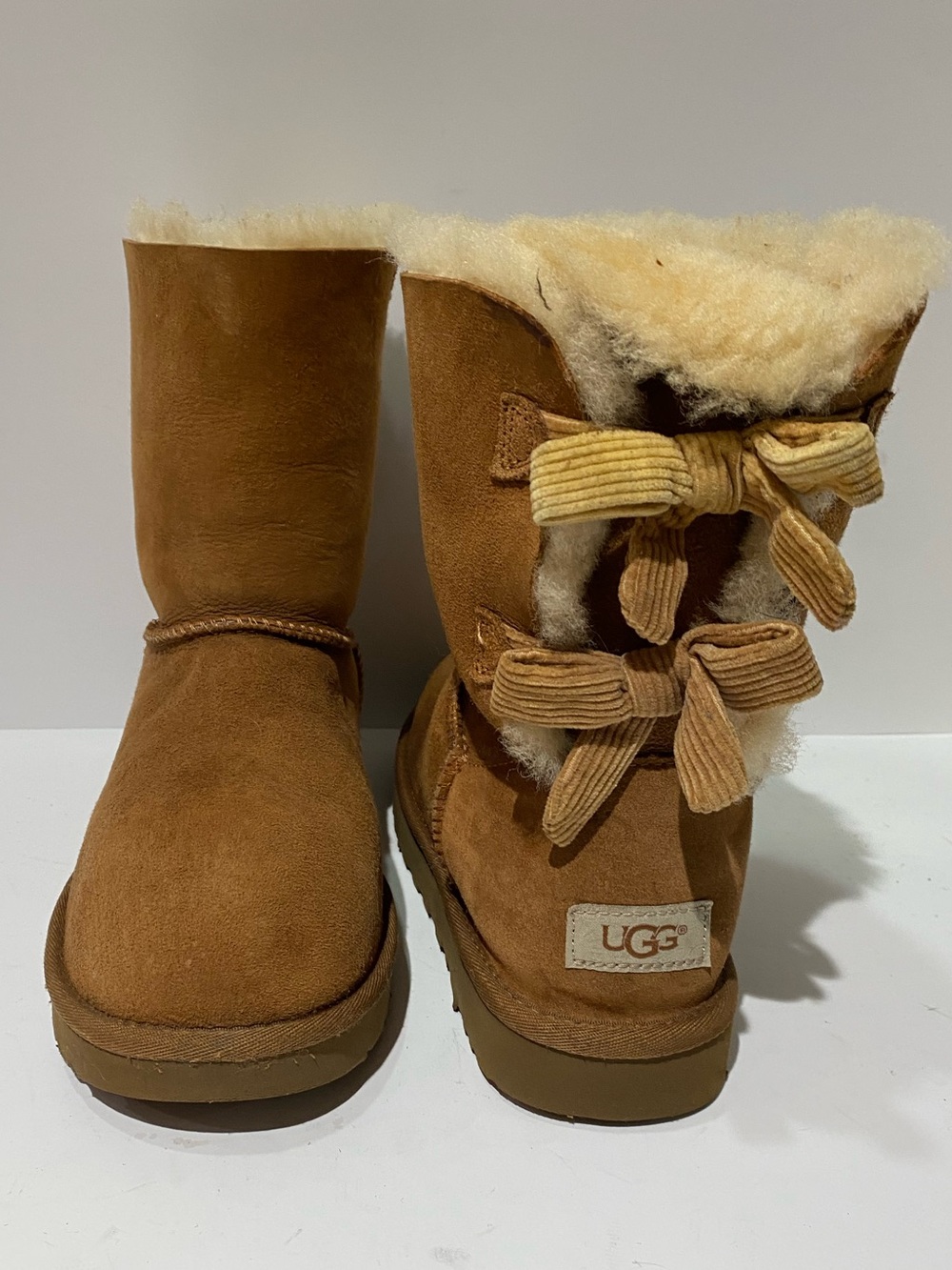 UGG Women’s Chestnut Suede Boots with Back Bows – Size 9